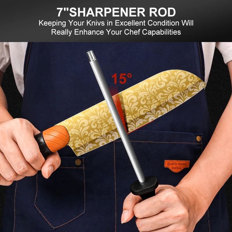9pcs Kitchen Knife Set with Plastic Handle - Golden Pattern Blade + Knife Stand Sharpener Scissors