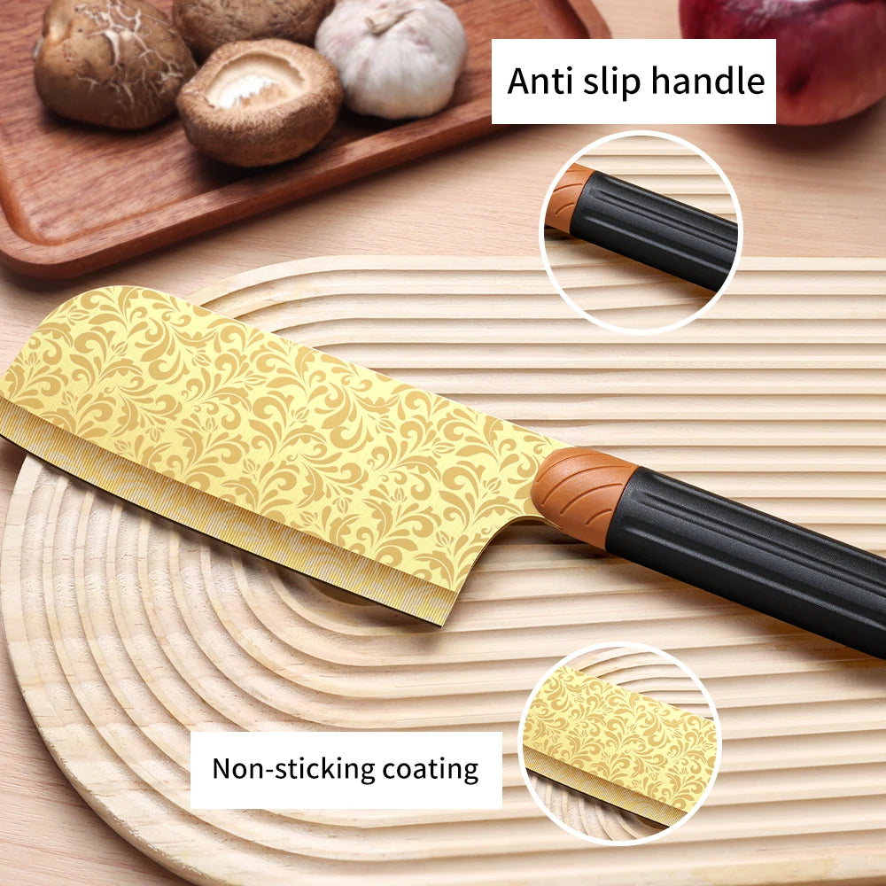 9pcs Kitchen Knife Set with Plastic Handle - Golden Pattern Blade + Knife Stand Sharpener Scissors
