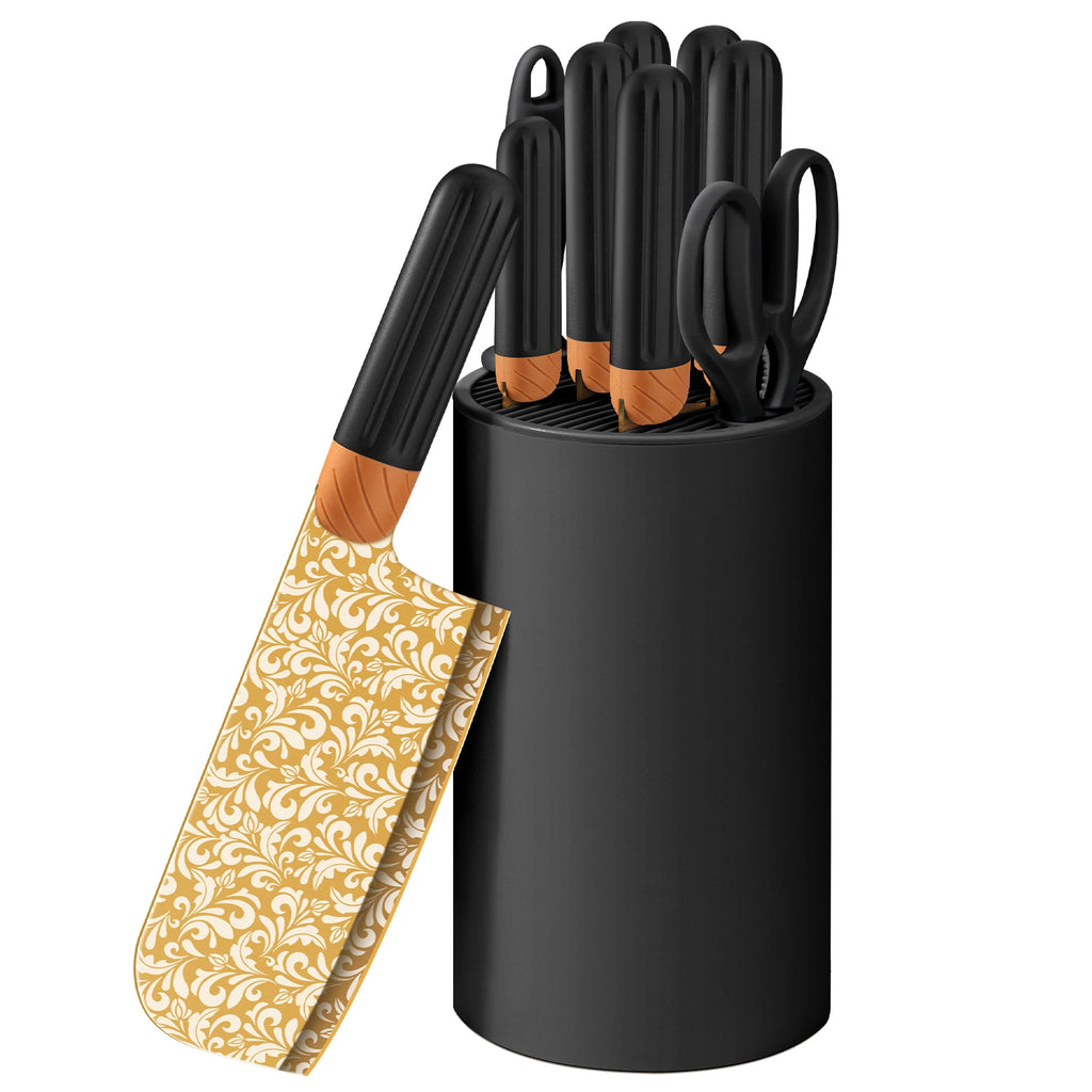 9pcs Kitchen Knife Set with Plastic Handle - Golden Pattern Blade + Knife Stand Sharpener Scissors