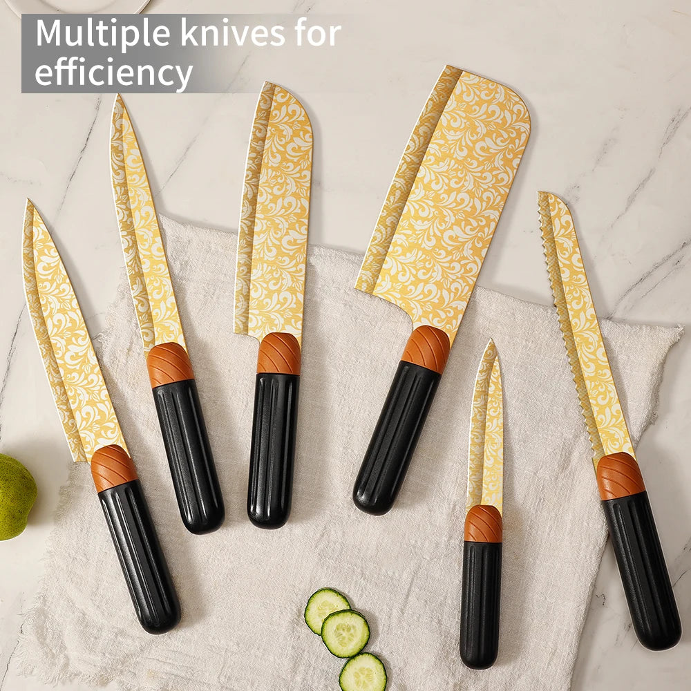 9pcs Kitchen Knife Set with Plastic Handle - Golden Pattern Blade + Knife Stand Sharpener Scissors