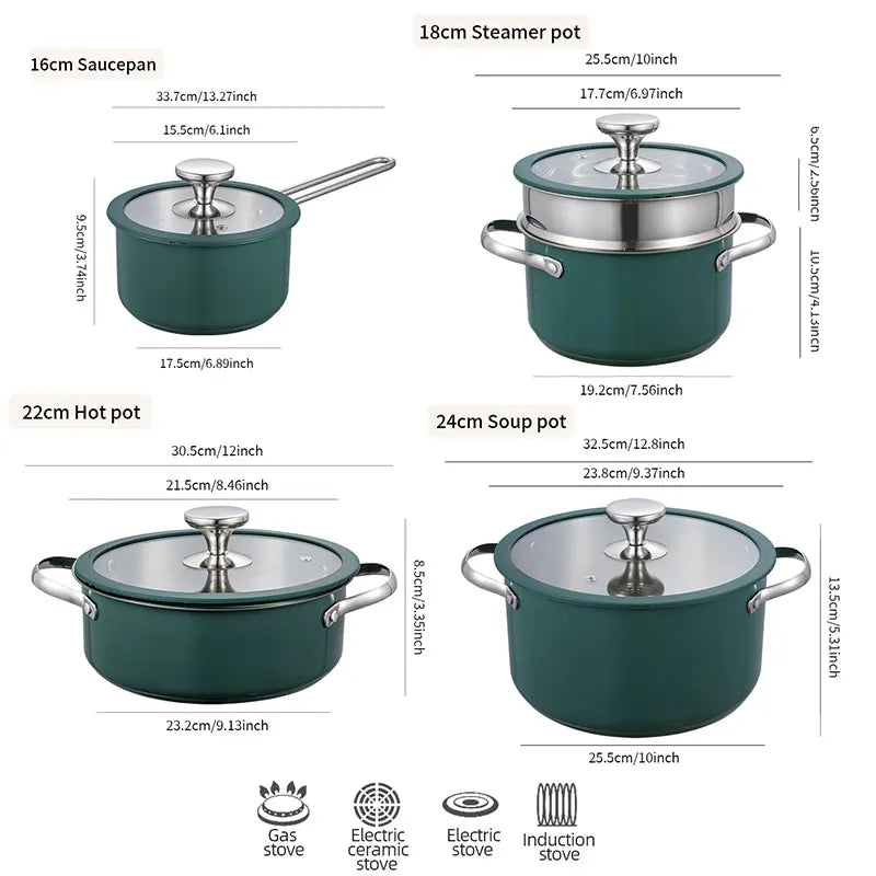 4pcs Stainless Steel Ceramic Coated Pot Set, Including 1 Milk Pot, 2 Stockpots, 1 Non-stick Pan, 4 LIDS and 1 Steamer Green