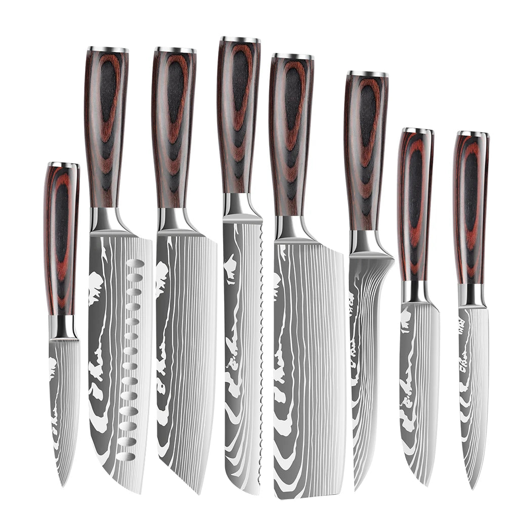 IOKO Chef Slicing Sushi Steak Santoku Knife Set Pakka Wood Handle Utility Paring Japanese Style 8 PCS Kitchen Knife Set