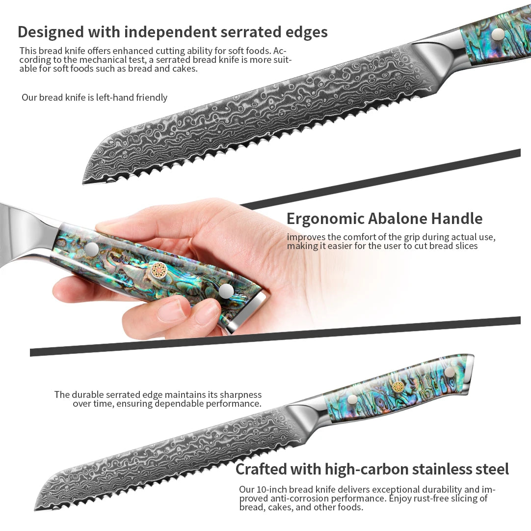 IOKO Forged Serrated Toothed Knife 67 Layers Damascus Steel Hamburger Bread Damascus Cake Kitchen Damascus Knife