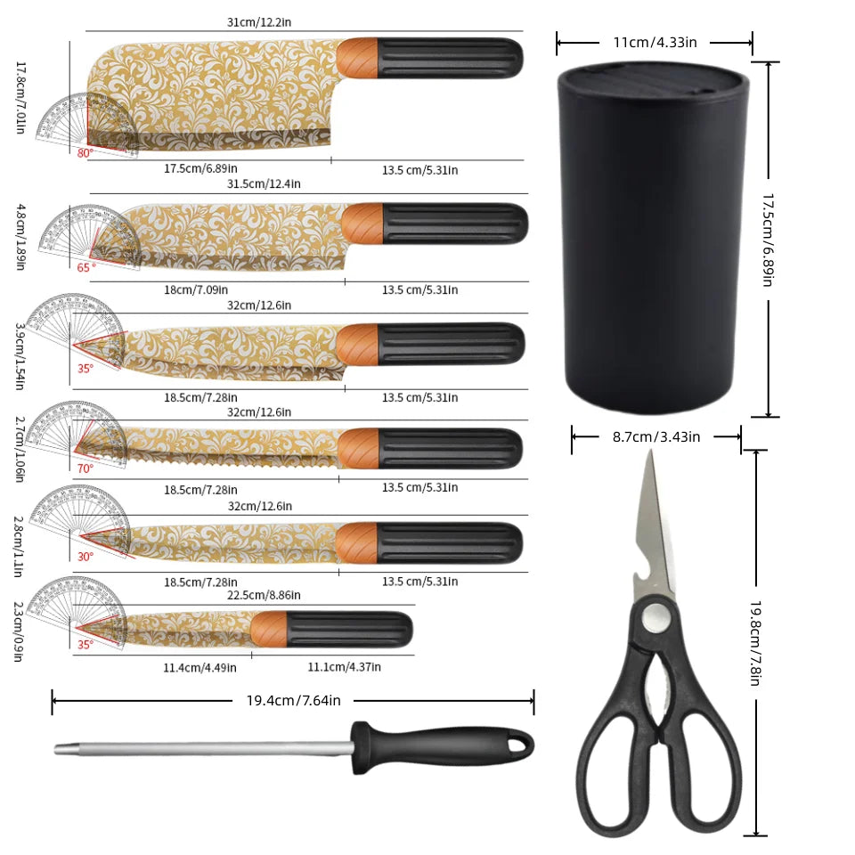 9pcs Kitchen Knife Set with Plastic Handle - Golden Pattern Blade + Knife Stand Sharpener Scissors