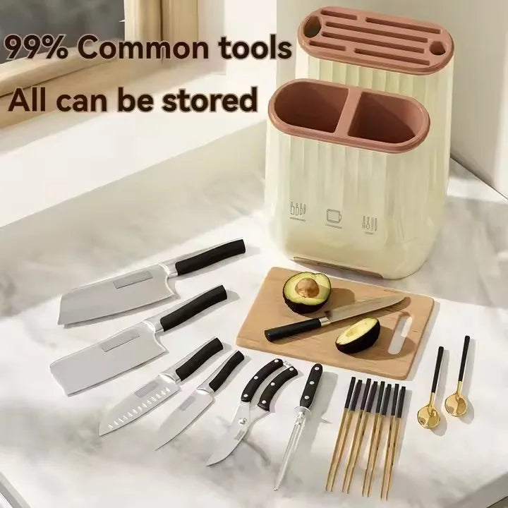 Kitchen Knife Holder with Drain Household Cutting Board Storage Rack Countertop Integrated Chopsticks Tube Tool Rack