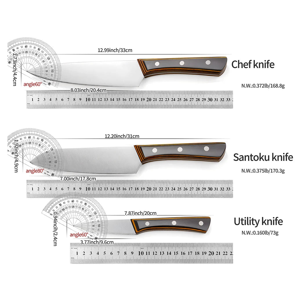 IOKO Stainless Steel Chef Kitchen Knife Set Butcher Cleaver Chef Utility Santoku Sushi Japanese Style 3 PCS Kitchen Knife Set