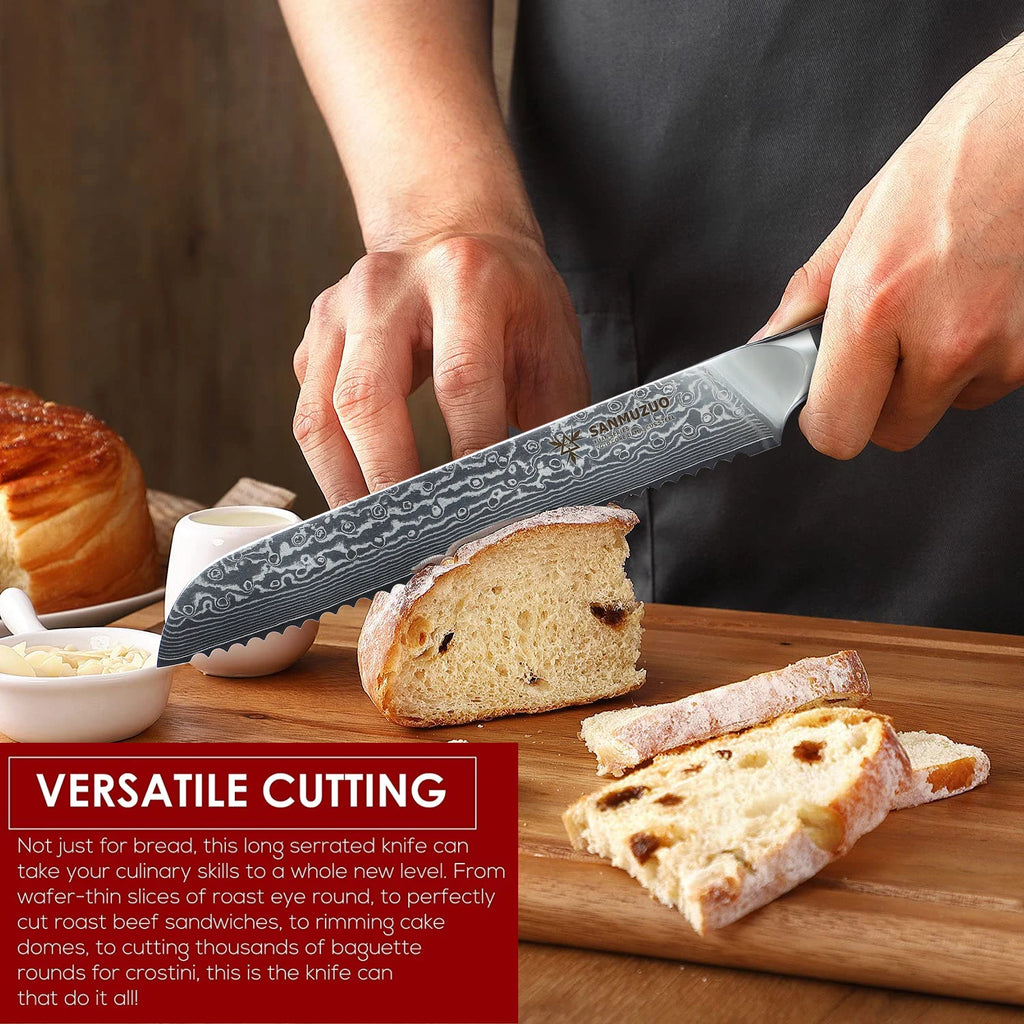 A Serrated Damascus Bread Knife with a Resin Handle, a sharp Blade That Feels Comfortable in the Hand, and an 8-inch Blade.