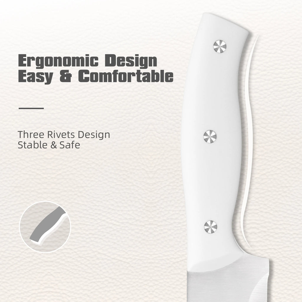 15-Piece White Kitchen Knife Set with Built-in Sharpening Stone, Ergonomic Triple Rivet Fixed ABS Handle, Dishwasher Safe