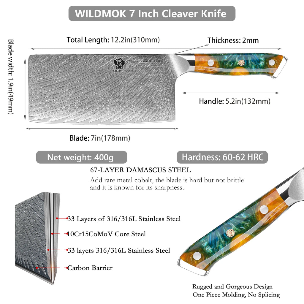 WILDMOK 67 Layers 10Cr15CoMoV Damascus Steel Kitchen Knife 7 Inch Cleaver Butcher Knife with Resin Handle
