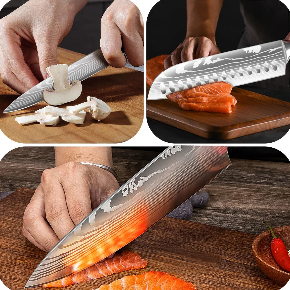 IOKO 3 PCS Japanese Style Kitchen Knife Set Pakka Wood Handle Slicing Sushi Steak Santoku Chef Utility Paring Kitchen Knife Set