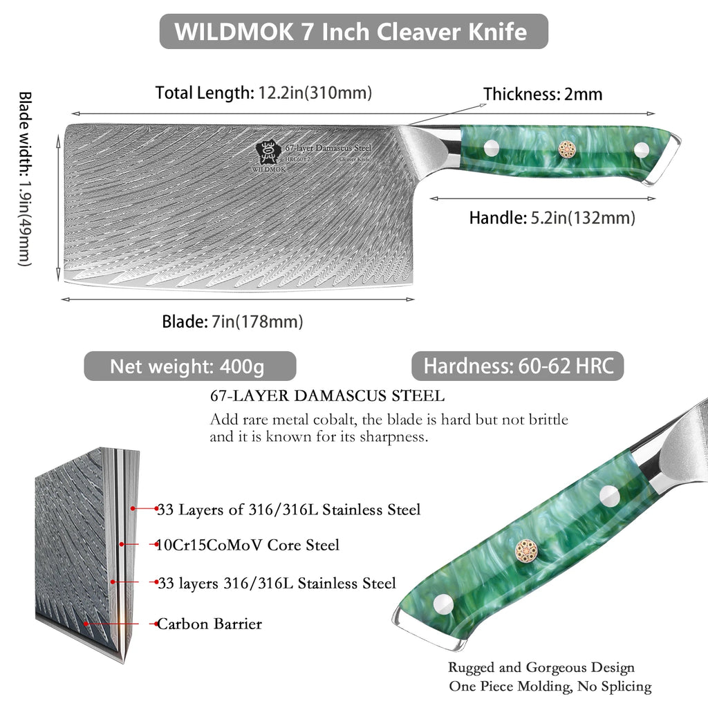 WILDMOK 67 Layers 10Cr15CoMoV Damascus Steel Kitchen Knife 7 Inch Cleaver Butcher Knife with Resin Handle