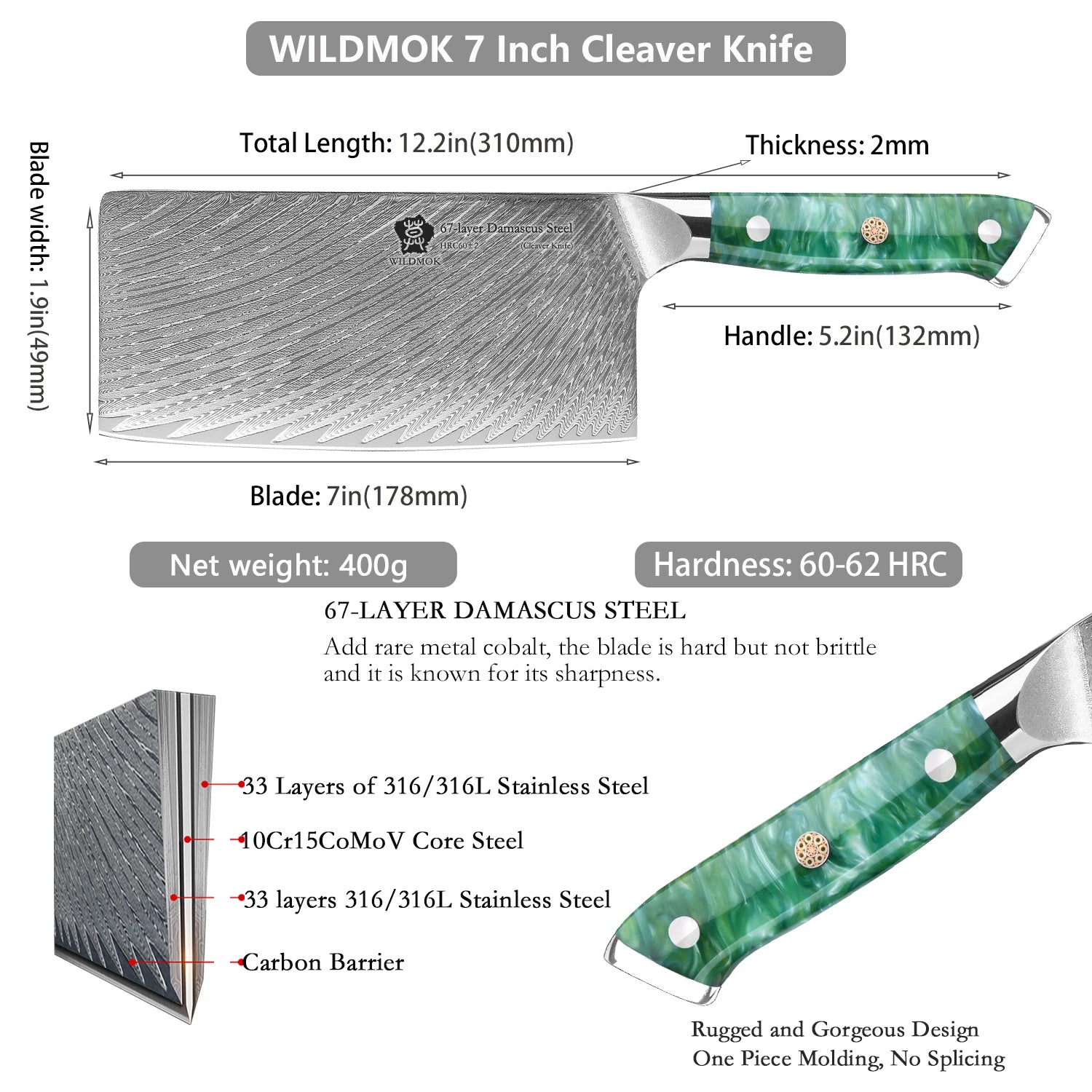 WILDMOK 67 Layers 10Cr15CoMoV Damascus Steel Kitchen Knife 7 Inch Cleaver Butcher Knife with Resin Handle