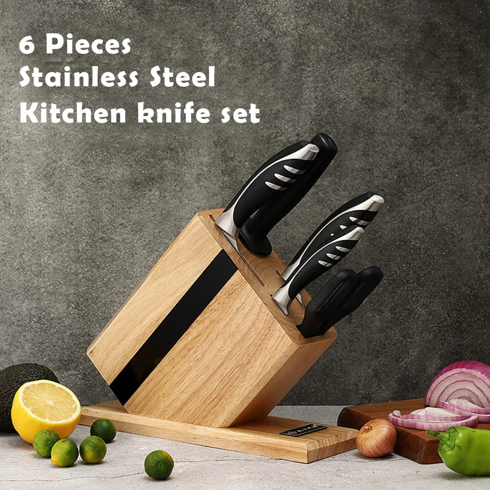 6 PCS Stainless Steel Kitchen Knife Set with ABS Handle New Design Chef Knife for Cutting Meat Vegetables Includes a Knife Block