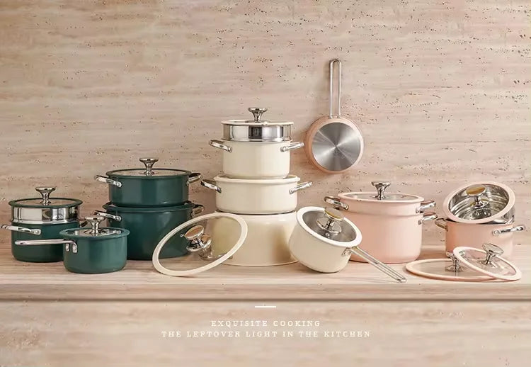 4pcs Stainless Steel Ceramic Coated Pot Set, Including 1 Milk Pot, 2 Stockpots, 1 Non-stick Pan, 4 LIDS and 1 Steamer Green