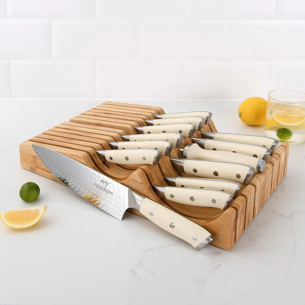 Brand New Damascus Non-Stick Chef Butcher Knife Set With Bamboo Drawer Block,14 PCS Kitchen Knife Set with ABS Handle
