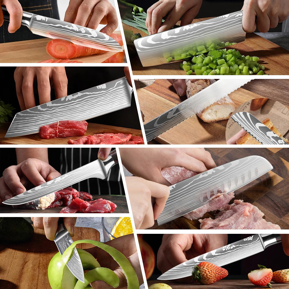 IOKO Chef Slicing Sushi Steak Santoku Knife Set Pakka Wood Handle Utility Paring Japanese Style 8 PCS Kitchen Knife Set
