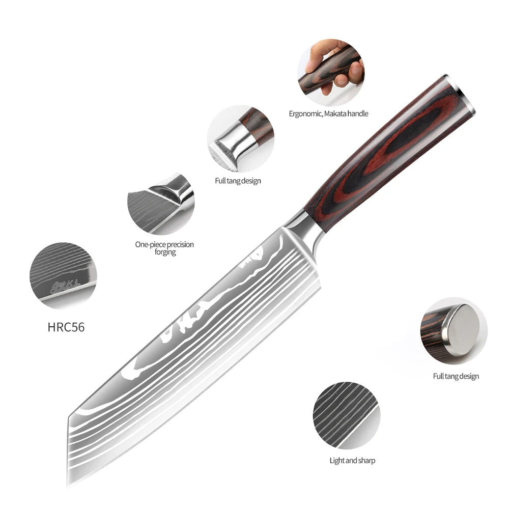 IOKO Chef Slicing Sushi Steak Santoku Knife Set Pakka Wood Handle Utility Paring Japanese Style 8 PCS Kitchen Knife Set