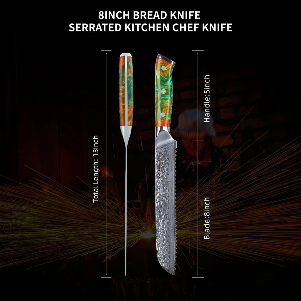 8-Inch Forged Damascus Steel Kitchen Knife with Resin Handle Serrated Bread Knife Metal Resin Handle Kitchen Serrated Knives