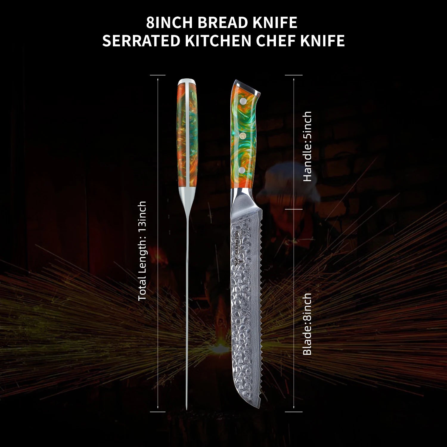 8-Inch Forged Damascus Steel Kitchen Knife with Resin Handle Serrated Bread Knife Metal Resin Handle Kitchen Serrated Knives