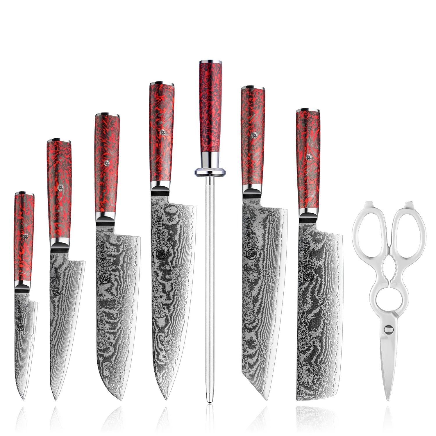 Grandsharp Kitchen Knife Sets 67 Layers Damascus S35VN Powder Core Steel Knives Set Sharp Knife with Sharpening Rod & Scissor