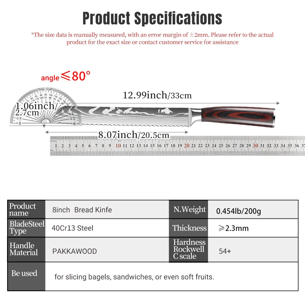 IOKO Bread Knife Pakka Wood Handle Japanese Style Chef Slicing Sushi Steak Santoku 8 Inch Bread Kitchen Knife