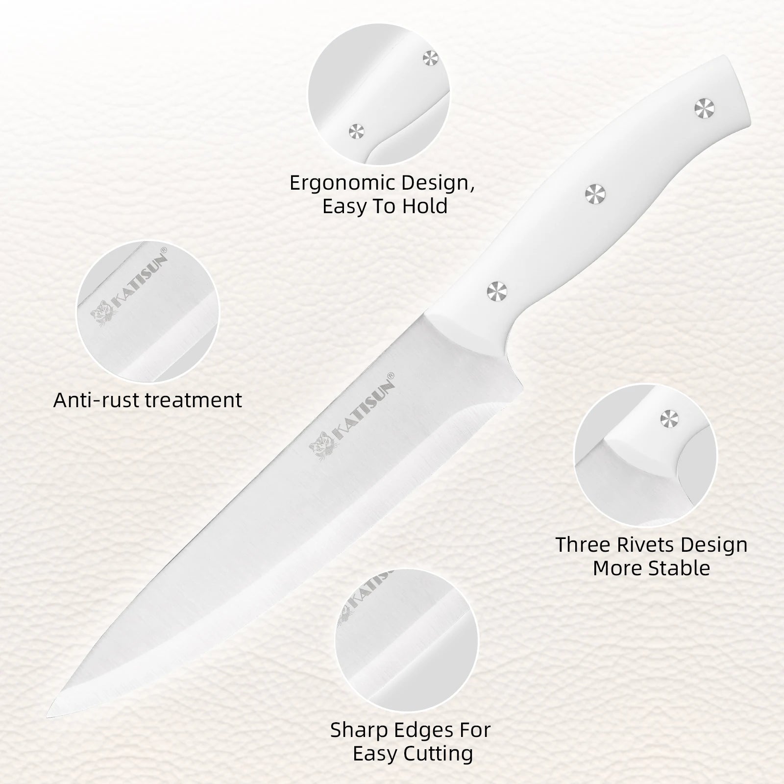15-Piece White Kitchen Knife Set with Built-in Sharpening Stone, Ergonomic Triple Rivet Fixed ABS Handle, Dishwasher Safe