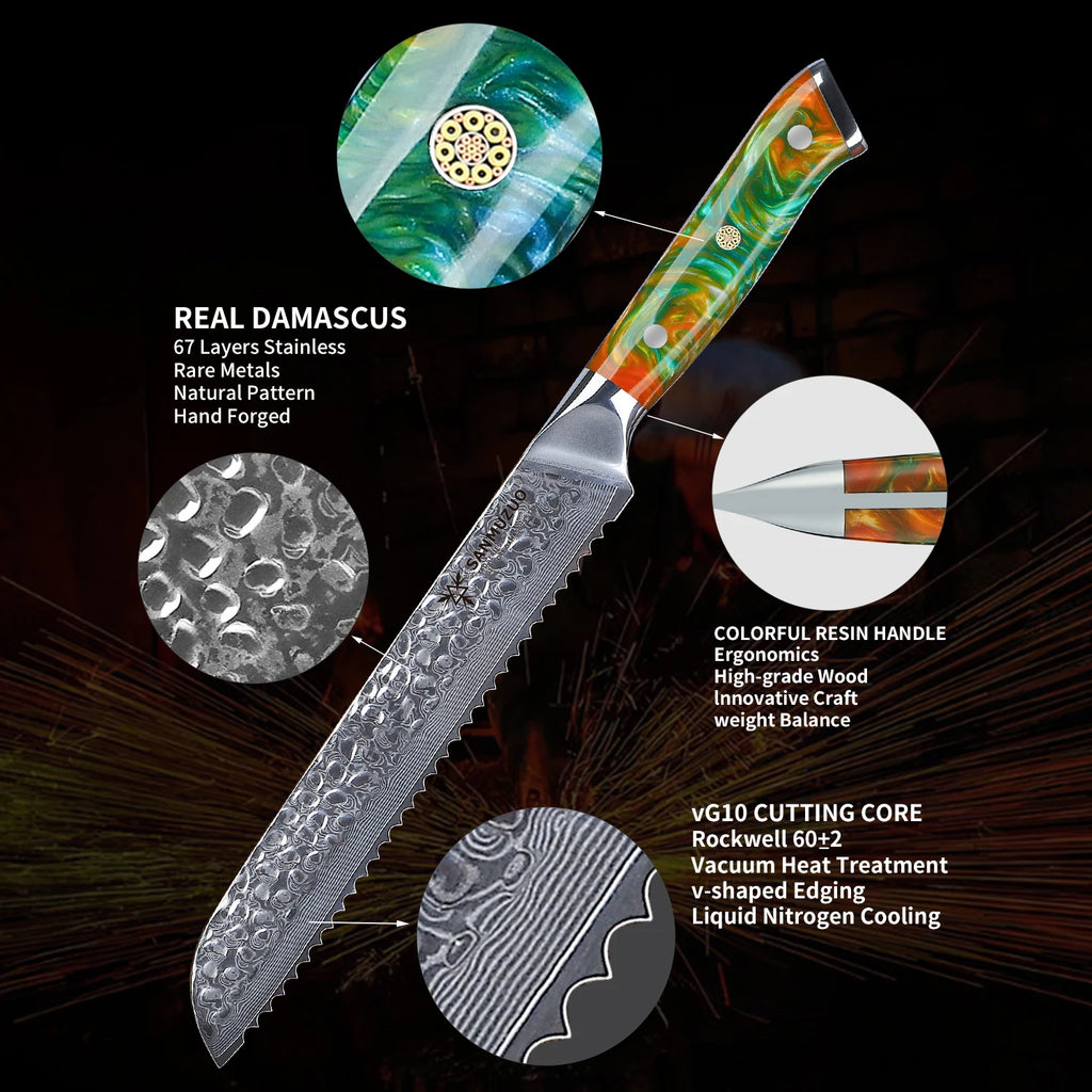 8-Inch Forged Damascus Steel Kitchen Knife with Resin Handle Serrated Bread Knife Metal Resin Handle Kitchen Serrated Knives