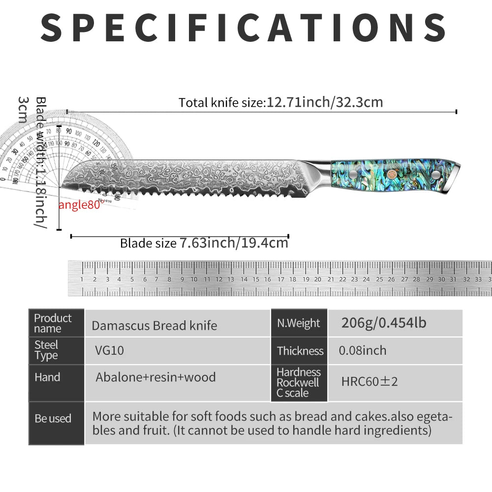 IOKO Forged Serrated Toothed Knife 67 Layers Damascus Steel Hamburger Bread Damascus Cake Kitchen Damascus Knife