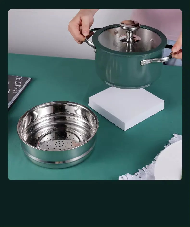 4pcs Stainless Steel Ceramic Coated Pot Set, Including 1 Milk Pot, 2 Stockpots, 1 Non-stick Pan, 4 LIDS and 1 Steamer Green