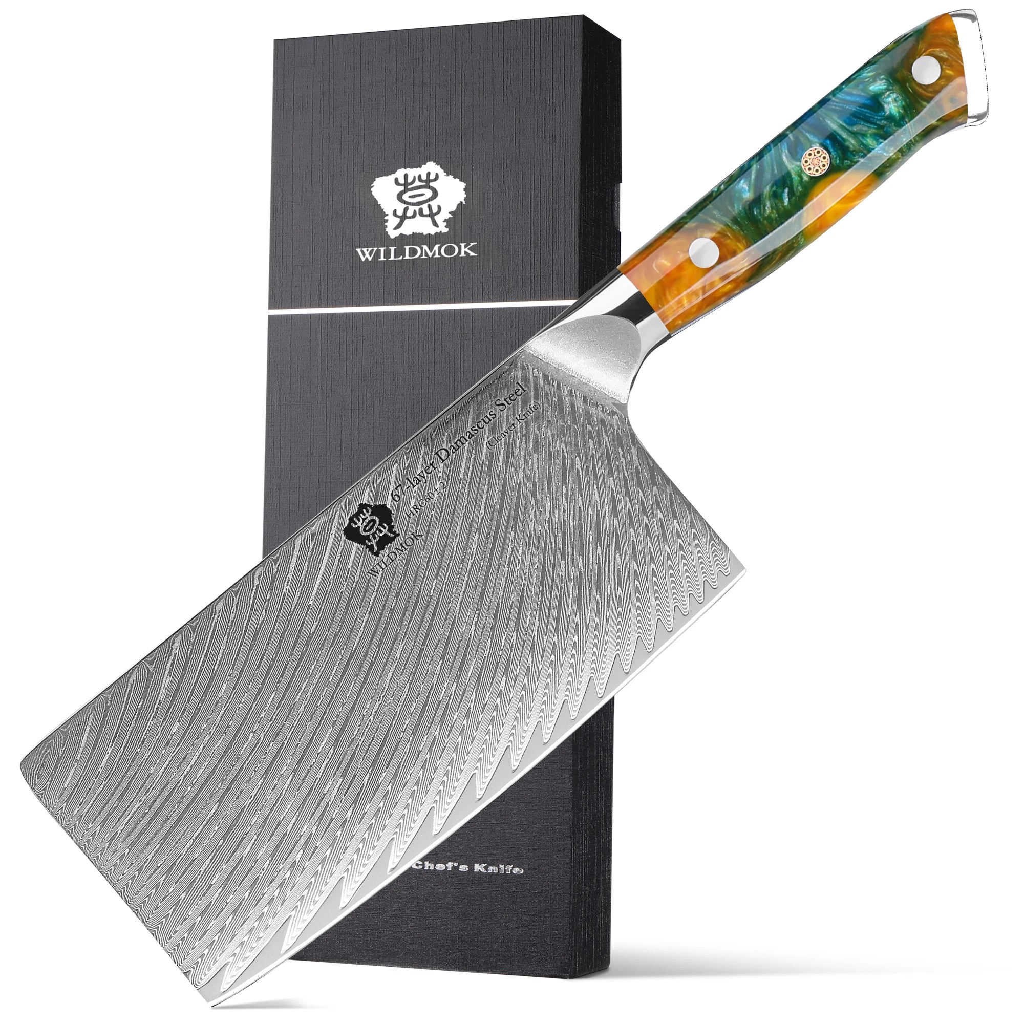 WILDMOK 67 Layers 10Cr15CoMoV Damascus Steel Kitchen Knife 7 Inch Cleaver Butcher Knife with Resin Handle