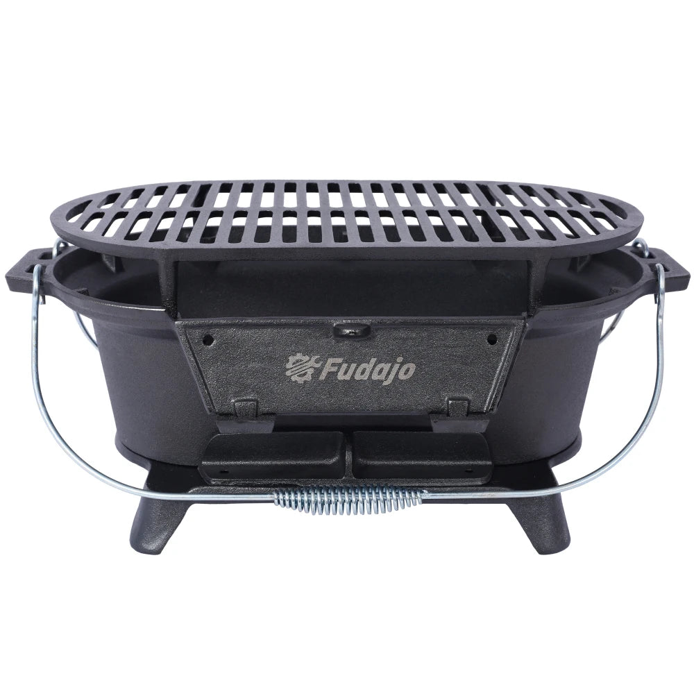 Oval Cast Iron Grill Outdoor, Portable Charcoal Grill Tabletop Cast Iron Skillet,Hibachi Grill