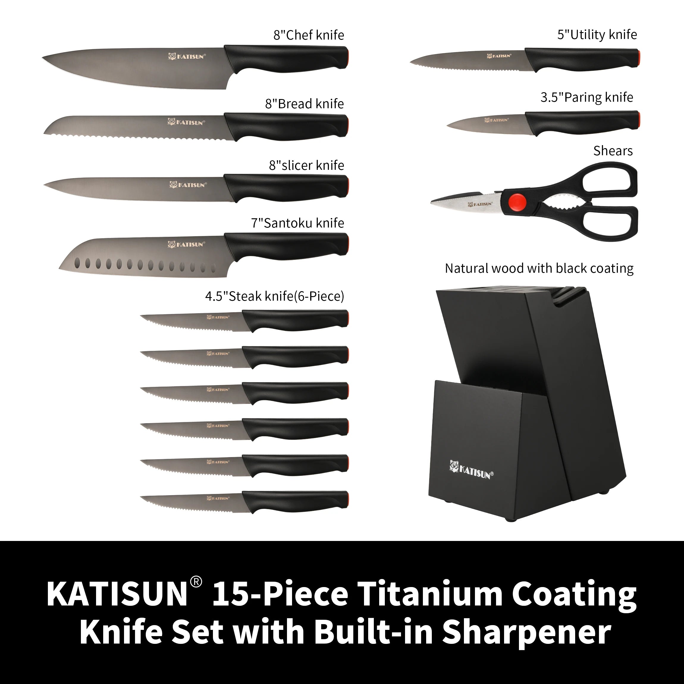 15 Pieces Meat Cutting Knives Set Carbon Steel Kitchen Knife Set with Wooden Block