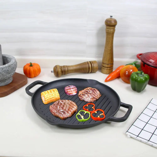 12.6" Inch Round Cast Iron Skillet Pre-seasoned Coating Grill Pan Cast Iron Griddle Pan for Stove Top and Oven