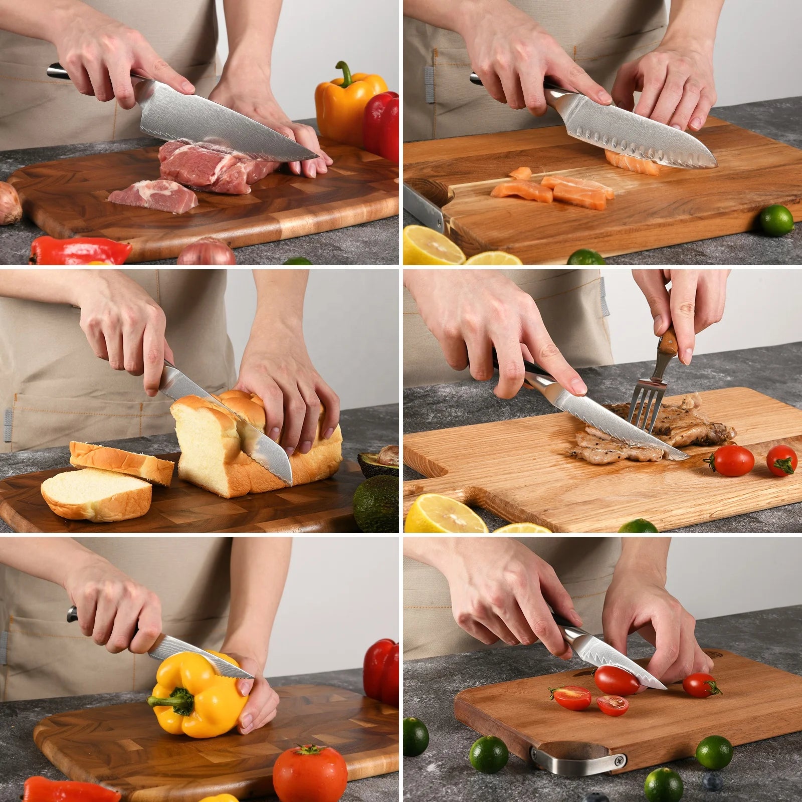 Set of 15 VG-10 Damascus Steel Knives Cutting Bread Meat Kitchen Knife Set with Scissors Sharpener Stick