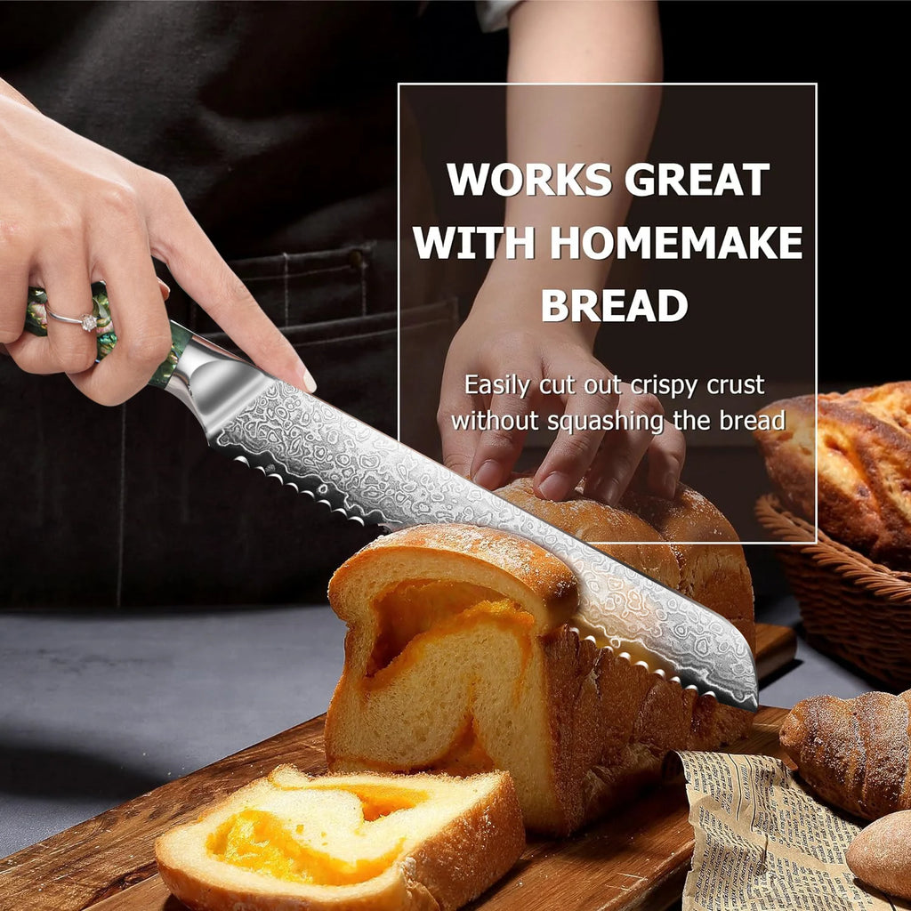 IOKO Forged Serrated Toothed Knife 67 Layers Damascus Steel Hamburger Bread Damascus Cake Kitchen Damascus Knife