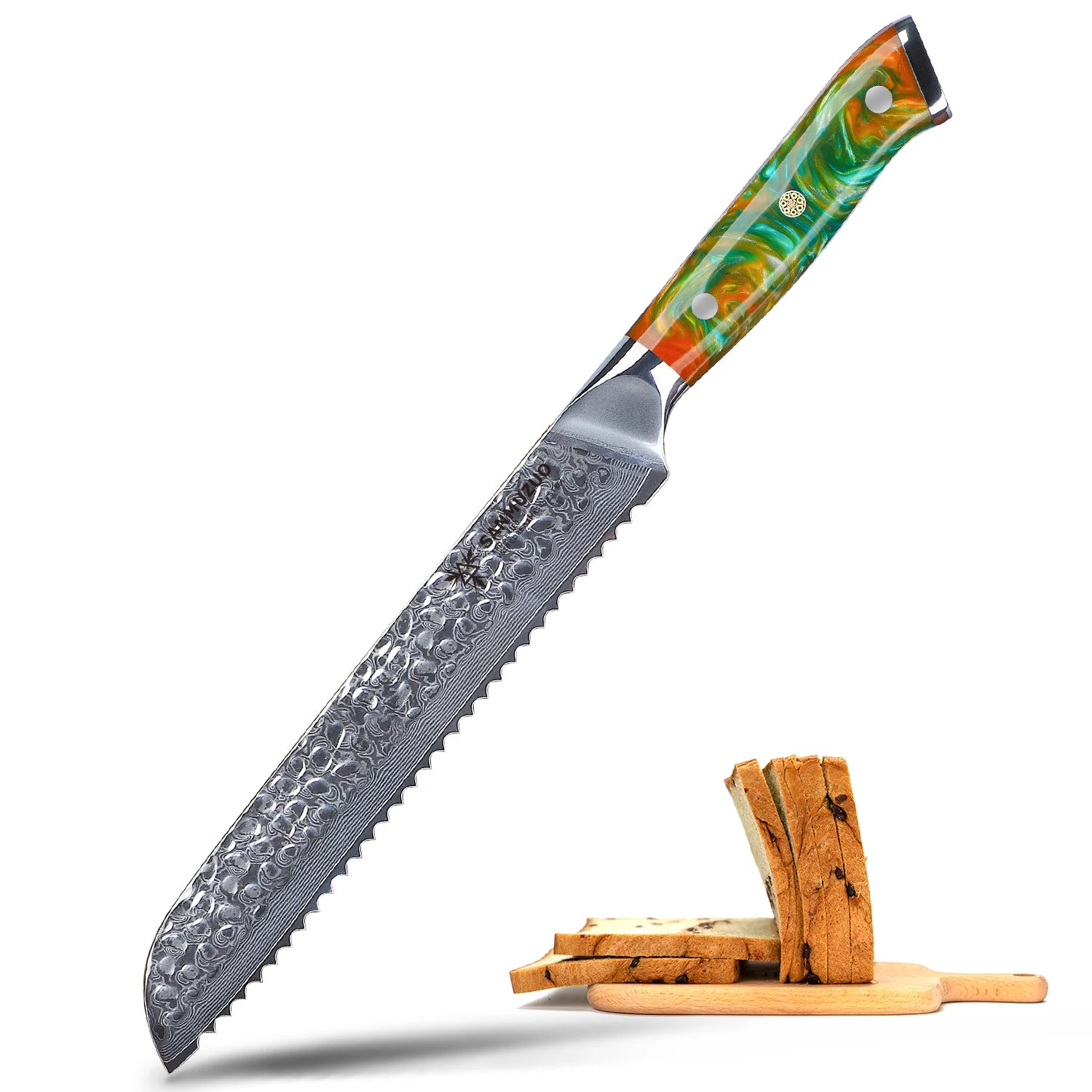 8-Inch Forged Damascus Steel Kitchen Knife with Resin Handle Serrated Bread Knife Metal Resin Handle Kitchen Serrated Knives