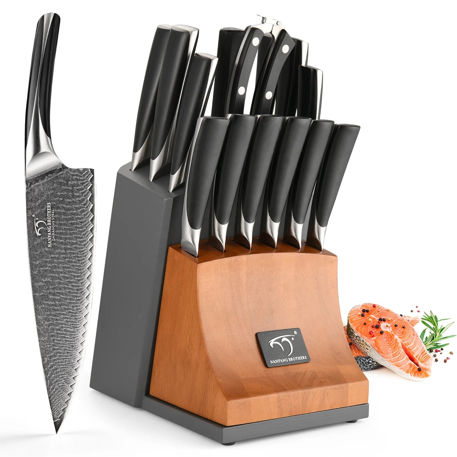 Set of 15 VG-10 Damascus Steel Knives Cutting Bread Meat Kitchen Knife Set with Scissors Sharpener Stick