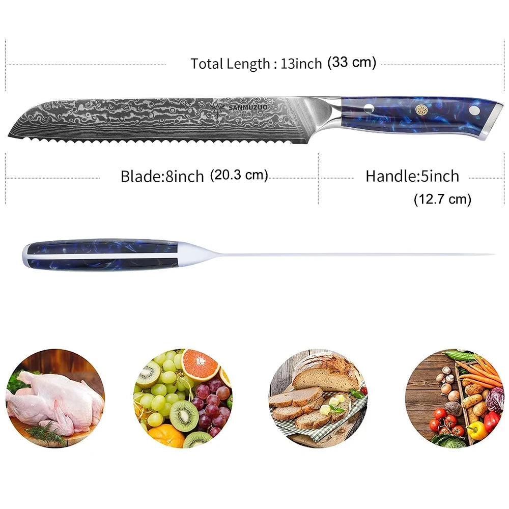 A Serrated Damascus Bread Knife with a Resin Handle, a sharp Blade That Feels Comfortable in the Hand, and an 8-inch Blade.