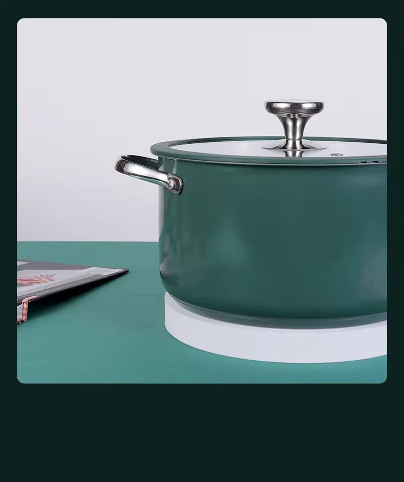 4pcs Stainless Steel Ceramic Coated Pot Set, Including 1 Milk Pot, 2 Stockpots, 1 Non-stick Pan, 4 LIDS and 1 Steamer Green