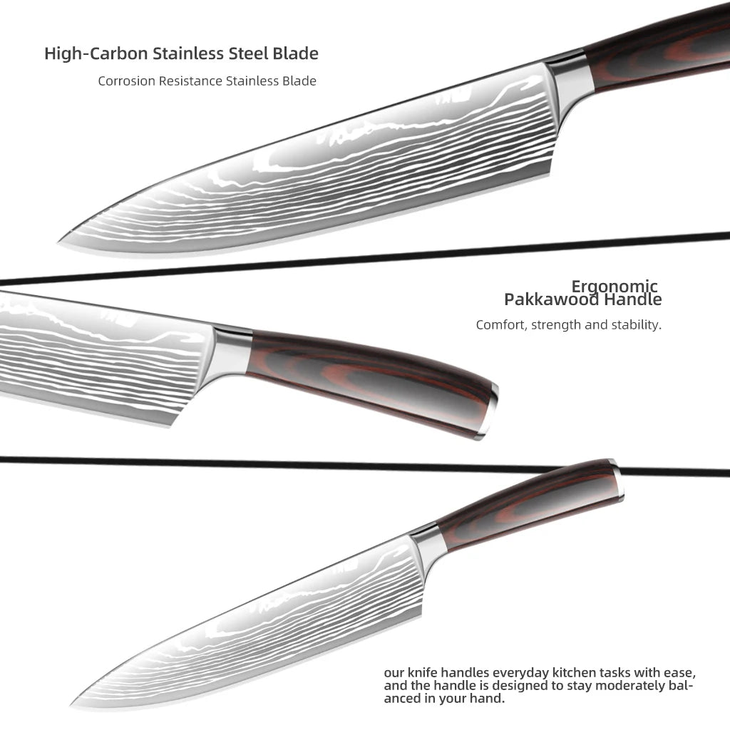 IOKO 3 PCS Japanese Style Kitchen Knife Set Pakka Wood Handle Slicing Sushi Steak Santoku Chef Utility Paring Kitchen Knife Set