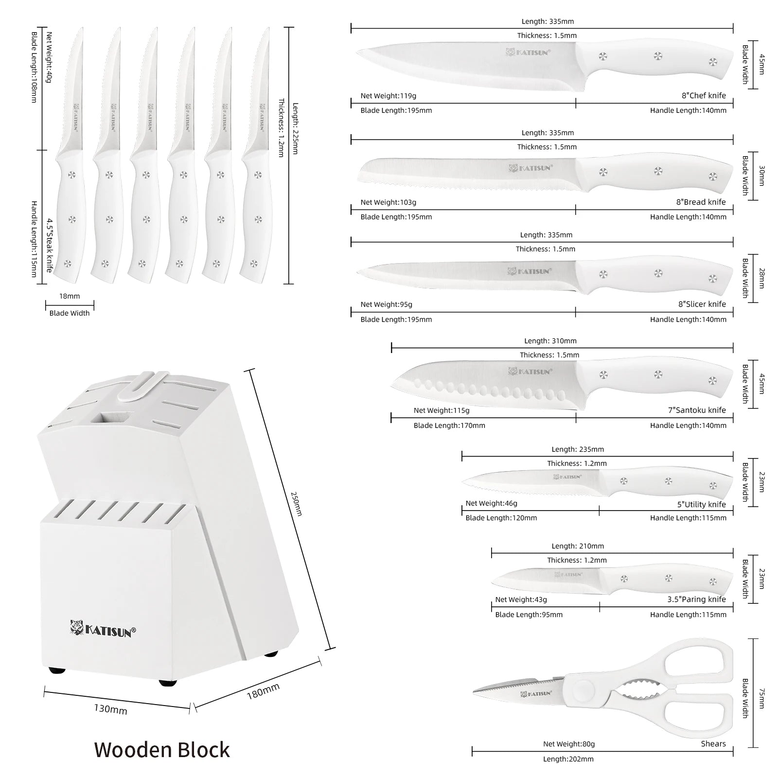 15-Piece White Kitchen Knife Set with Built-in Sharpening Stone, Ergonomic Triple Rivet Fixed ABS Handle, Dishwasher Safe