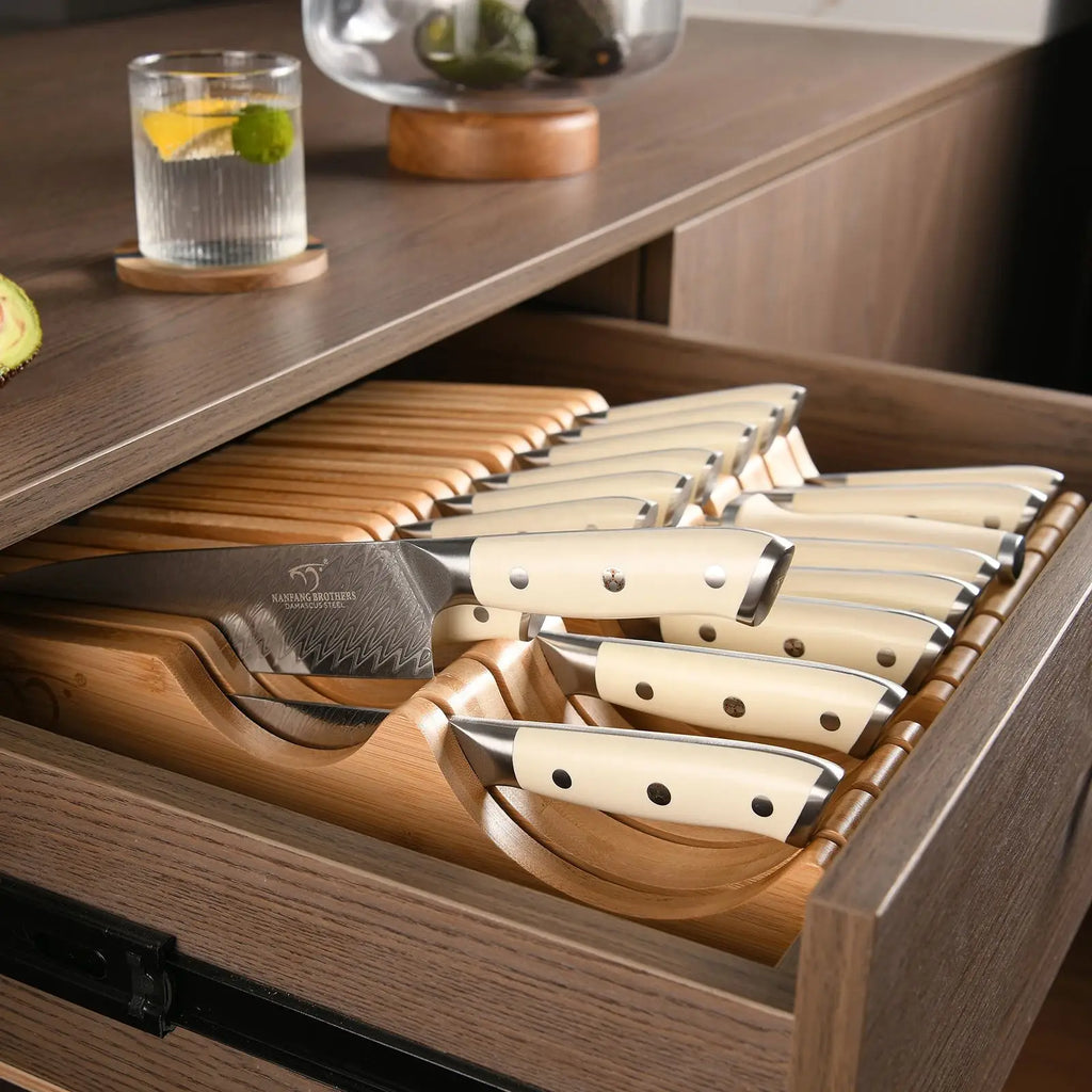 Brand New Damascus Non-Stick Chef Butcher Knife Set With Bamboo Drawer Block,14 PCS Kitchen Knife Set with ABS Handle