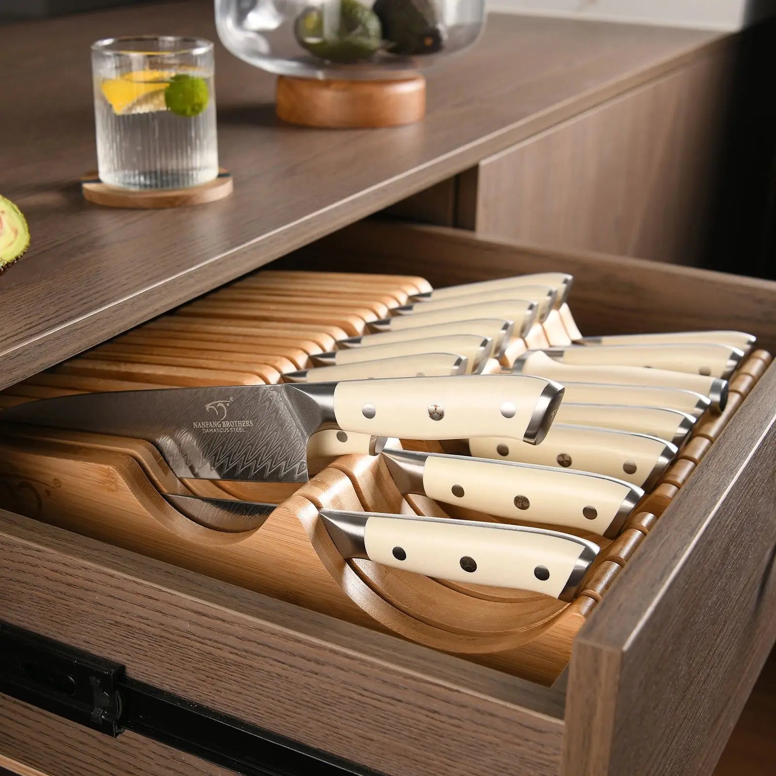 Brand New Damascus Non-Stick Chef Butcher Knife Set With Bamboo Drawer Block,14 PCS Kitchen Knife Set with ABS Handle