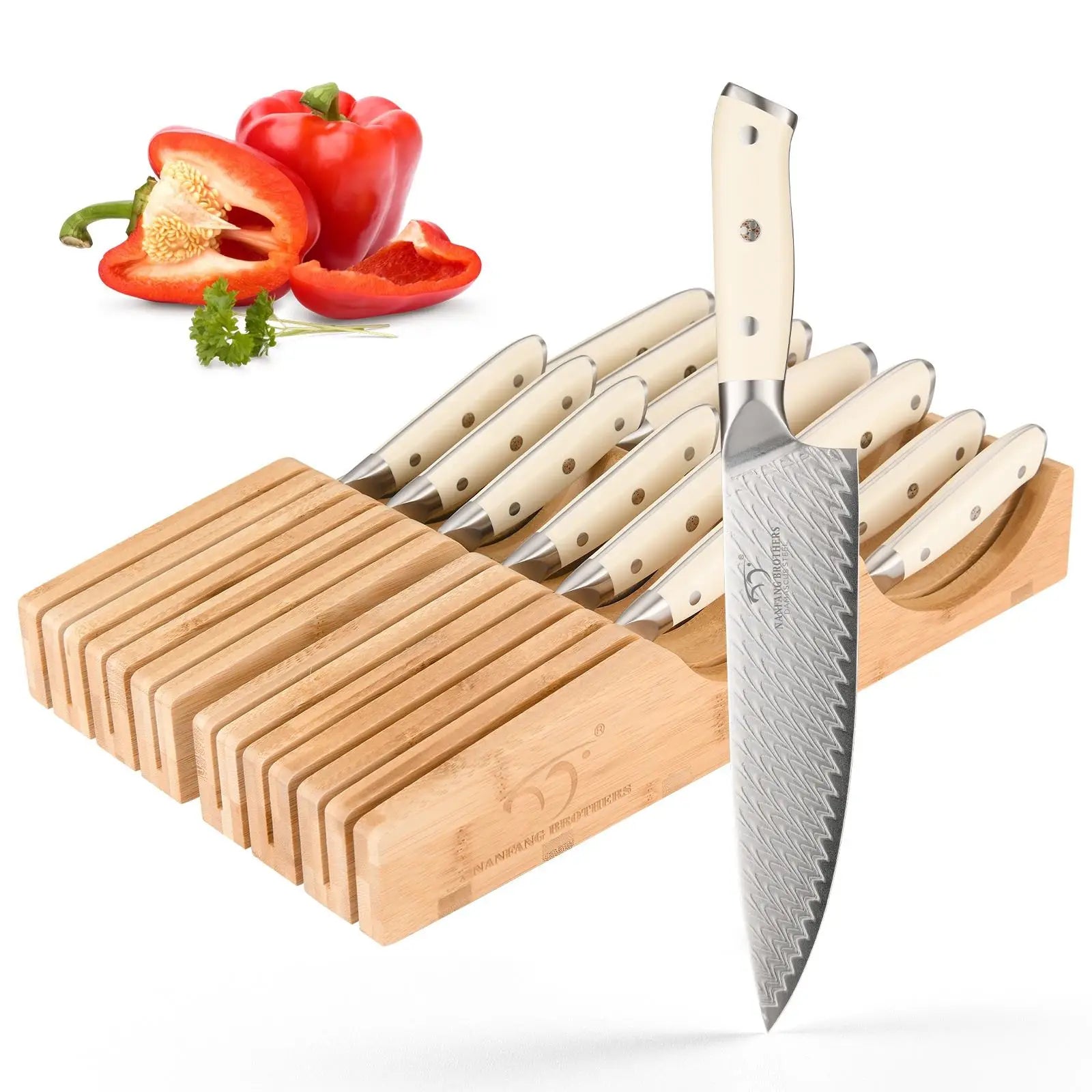 Brand New Damascus Non-Stick Chef Butcher Knife Set With Bamboo Drawer Block,14 PCS Kitchen Knife Set with ABS Handle