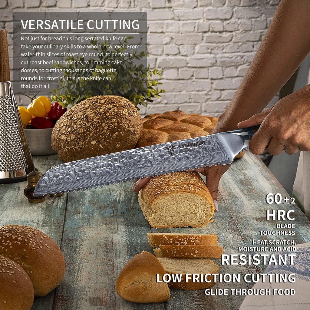 8-Inch Forged Damascus Steel Kitchen Knife with Resin Handle Serrated Bread Knife Metal Resin Handle Kitchen Serrated Knives