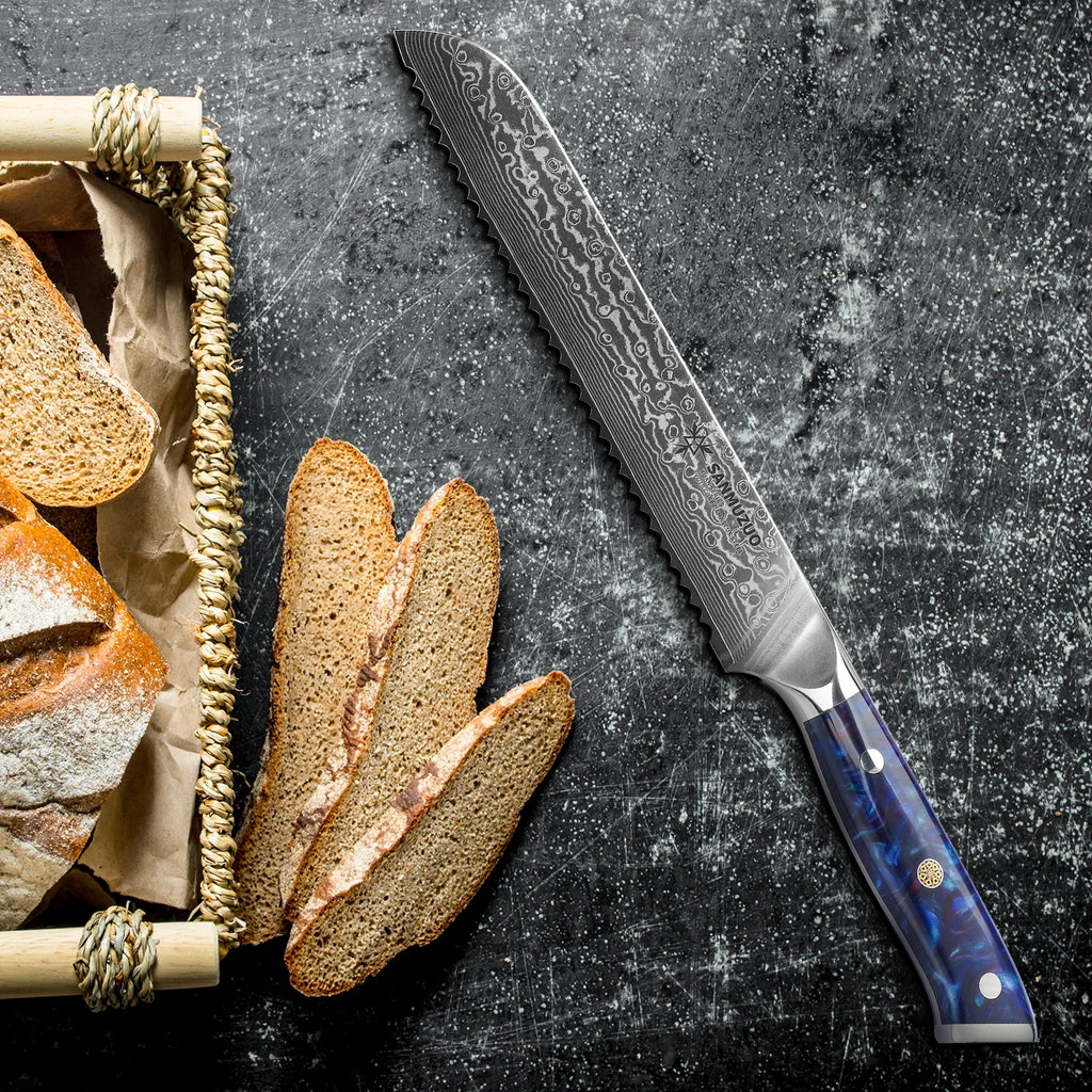 A Serrated Damascus Bread Knife with a Resin Handle, a sharp Blade That Feels Comfortable in the Hand, and an 8-inch Blade.