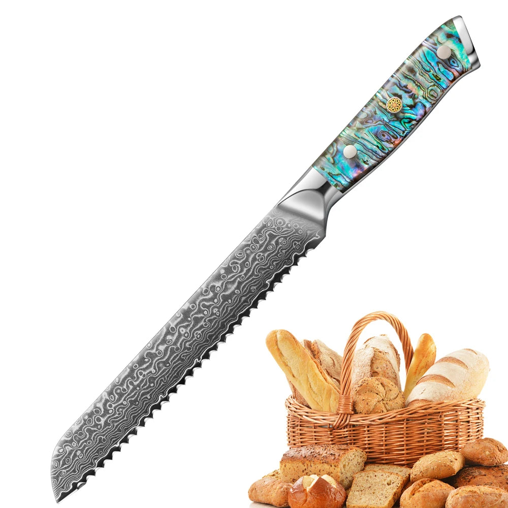 IOKO Forged Serrated Toothed Knife 67 Layers Damascus Steel Hamburger Bread Damascus Cake Kitchen Damascus Knife