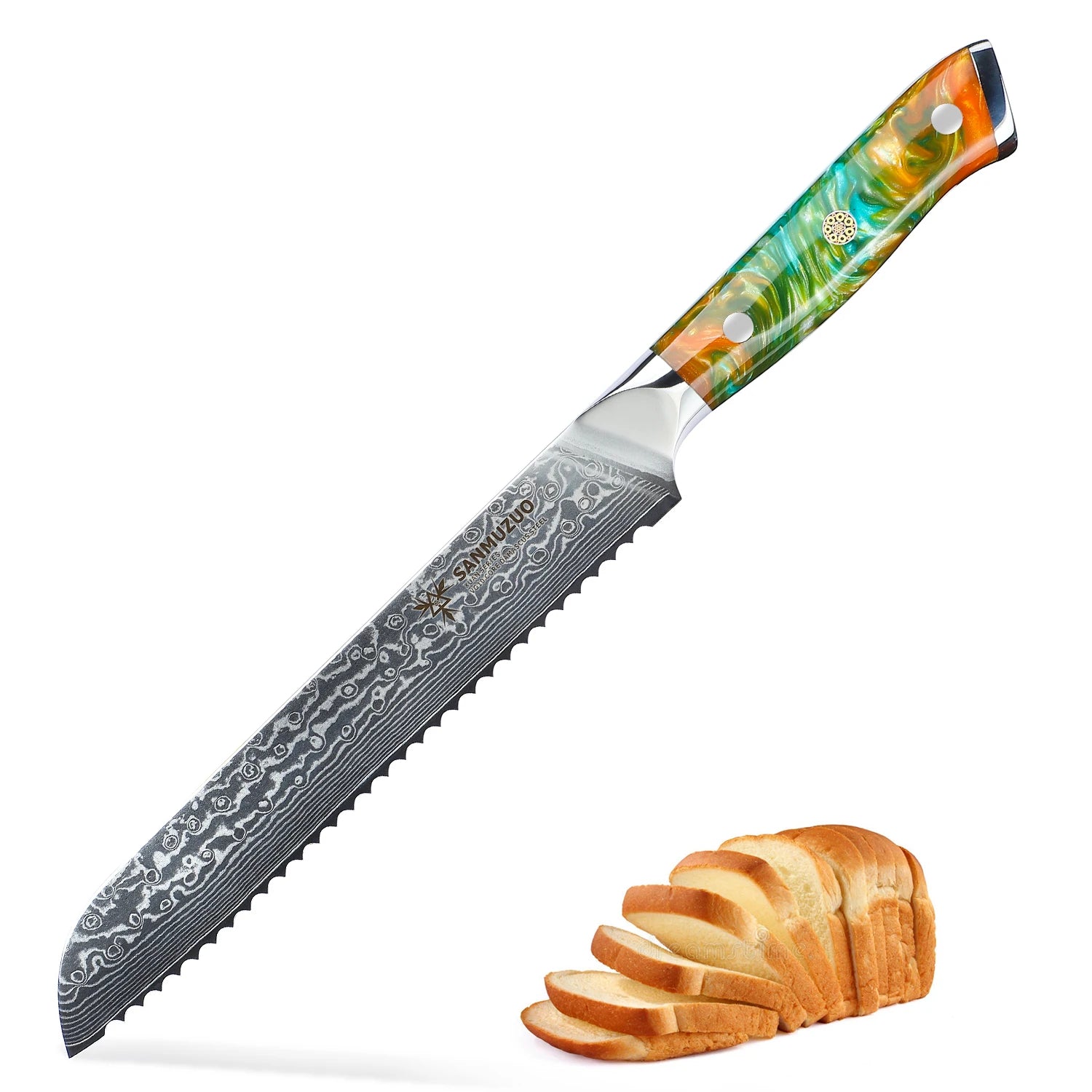 A Serrated Damascus Bread Knife with a Resin Handle, a sharp Blade That Feels Comfortable in the Hand, and an 8-inch Blade.