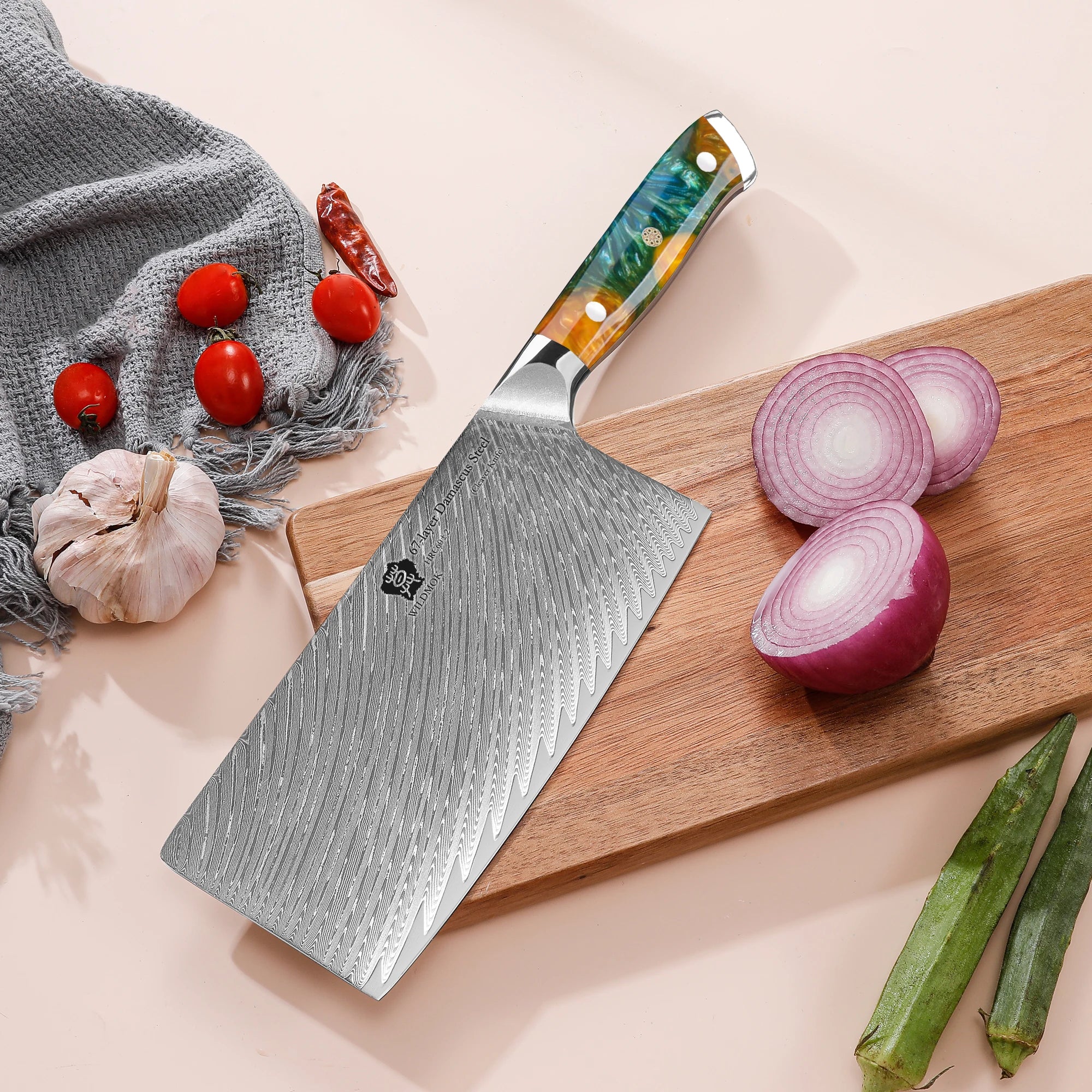 WILDMOK 67 Layers 10Cr15CoMoV Damascus Steel Kitchen Knife 7 Inch Cleaver Butcher Knife with Resin Handle