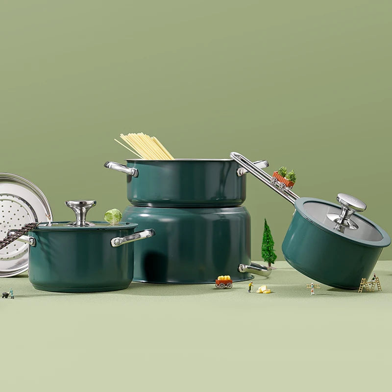 4pcs Stainless Steel Ceramic Coated Pot Set, Including 1 Milk Pot, 2 Stockpots, 1 Non-stick Pan, 4 LIDS and 1 Steamer Green